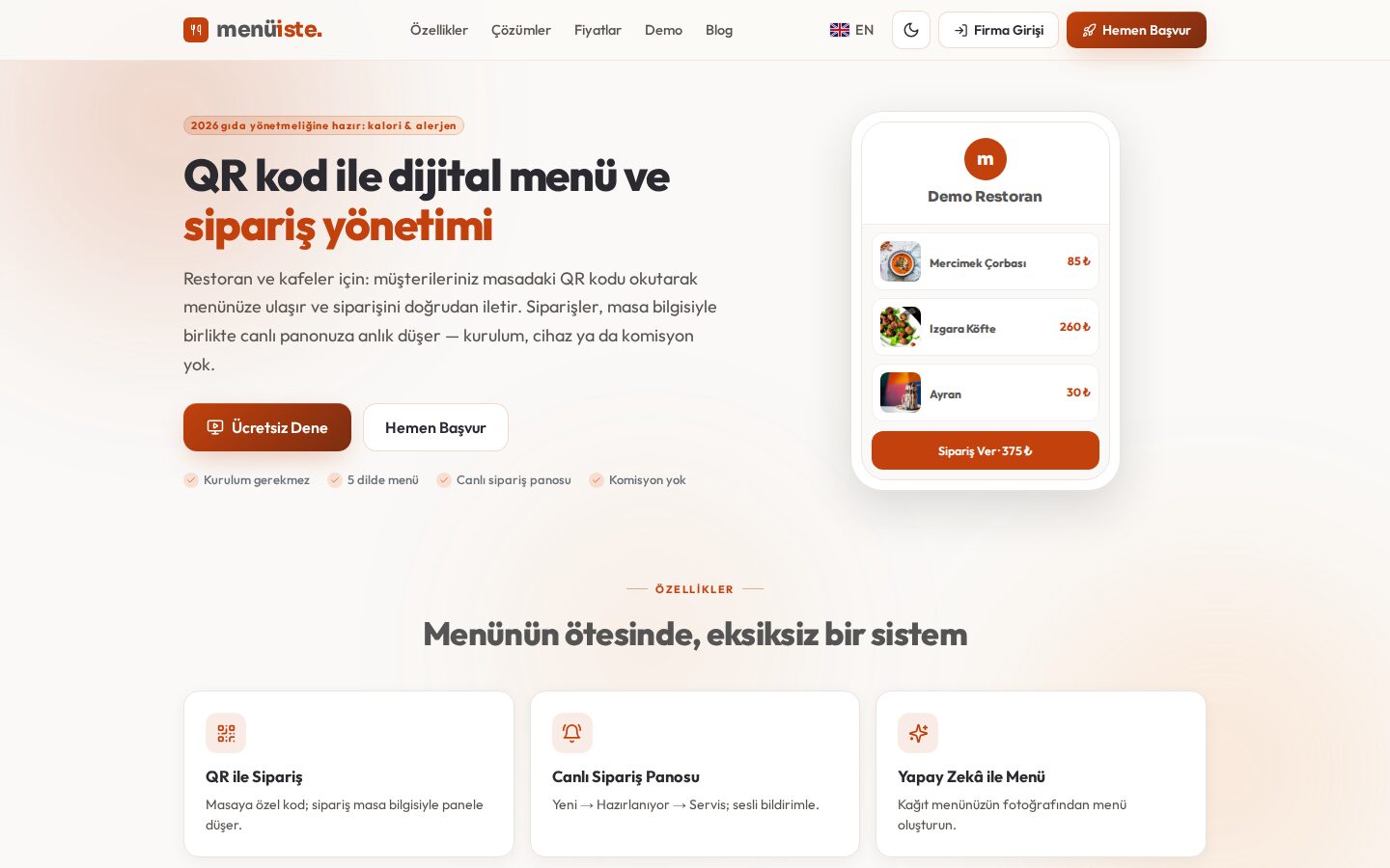 Menü İste website desktop view