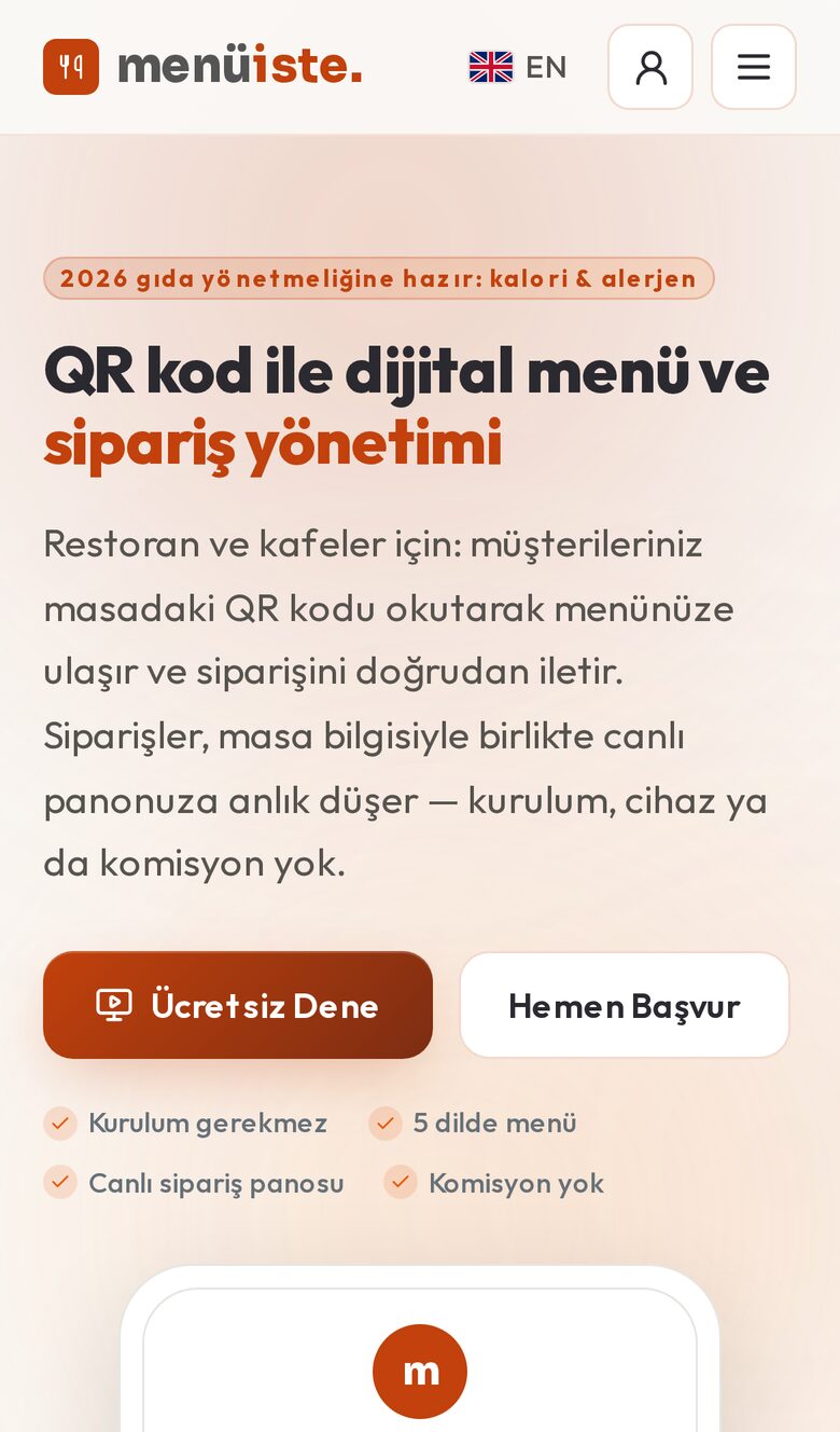 Menü İste website mobile view