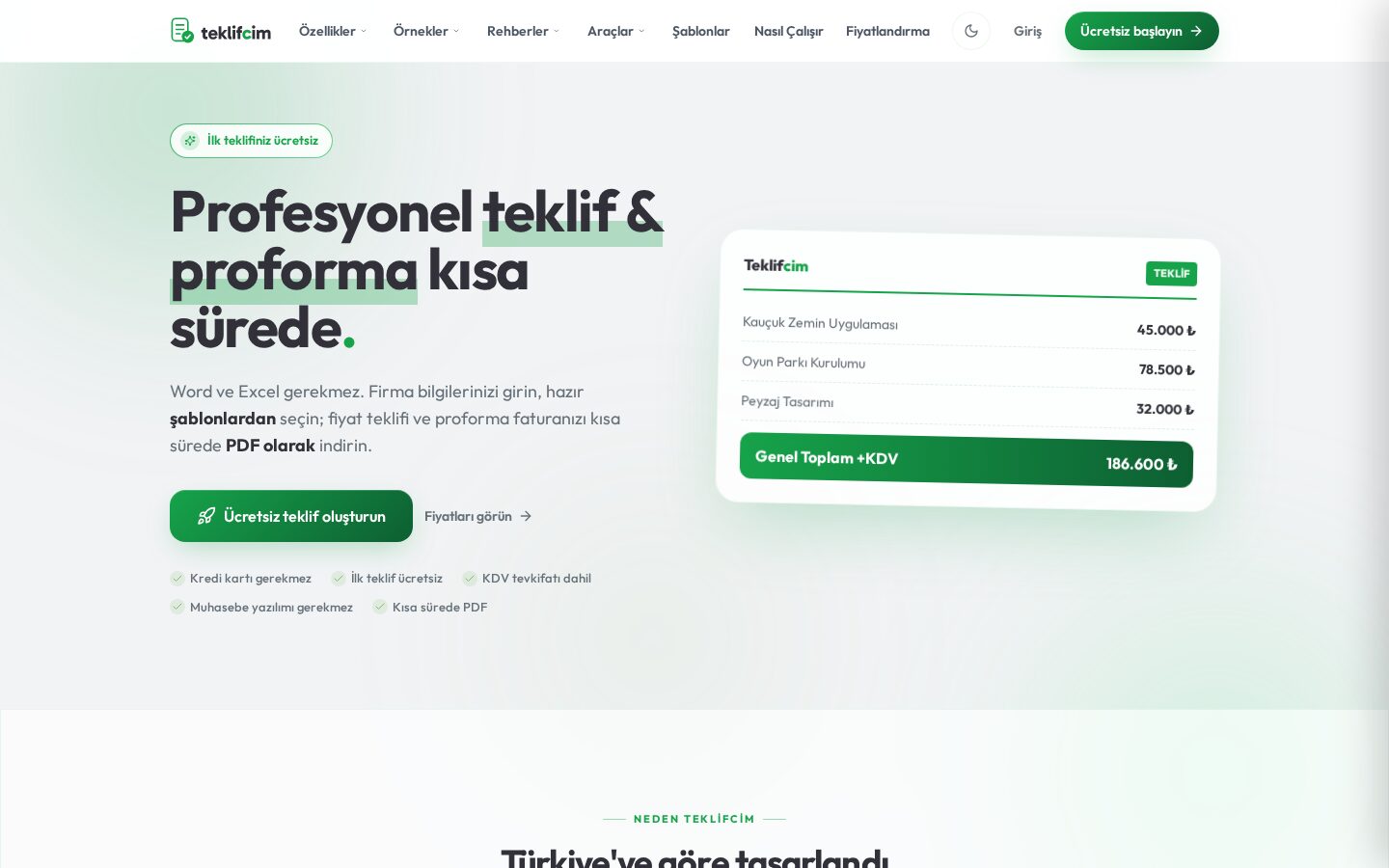 Teklifcim website desktop view