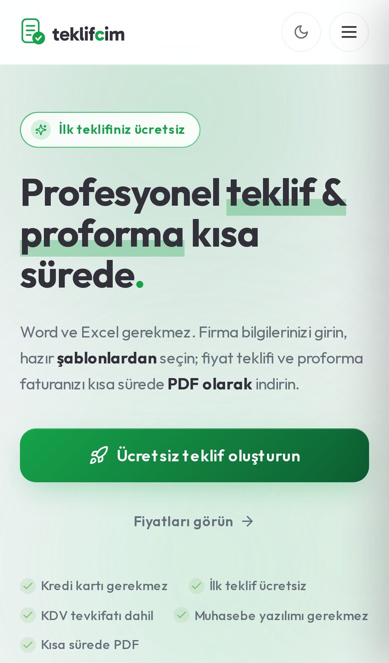 Teklifcim website mobile view